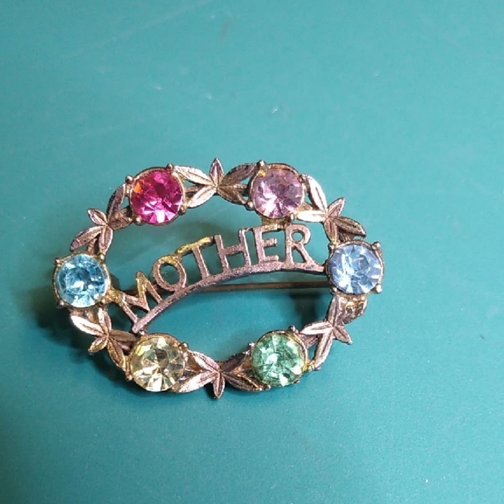 Vintage Multicolor 'Mother' Brooch Marked England Cottagecore Grandmacore